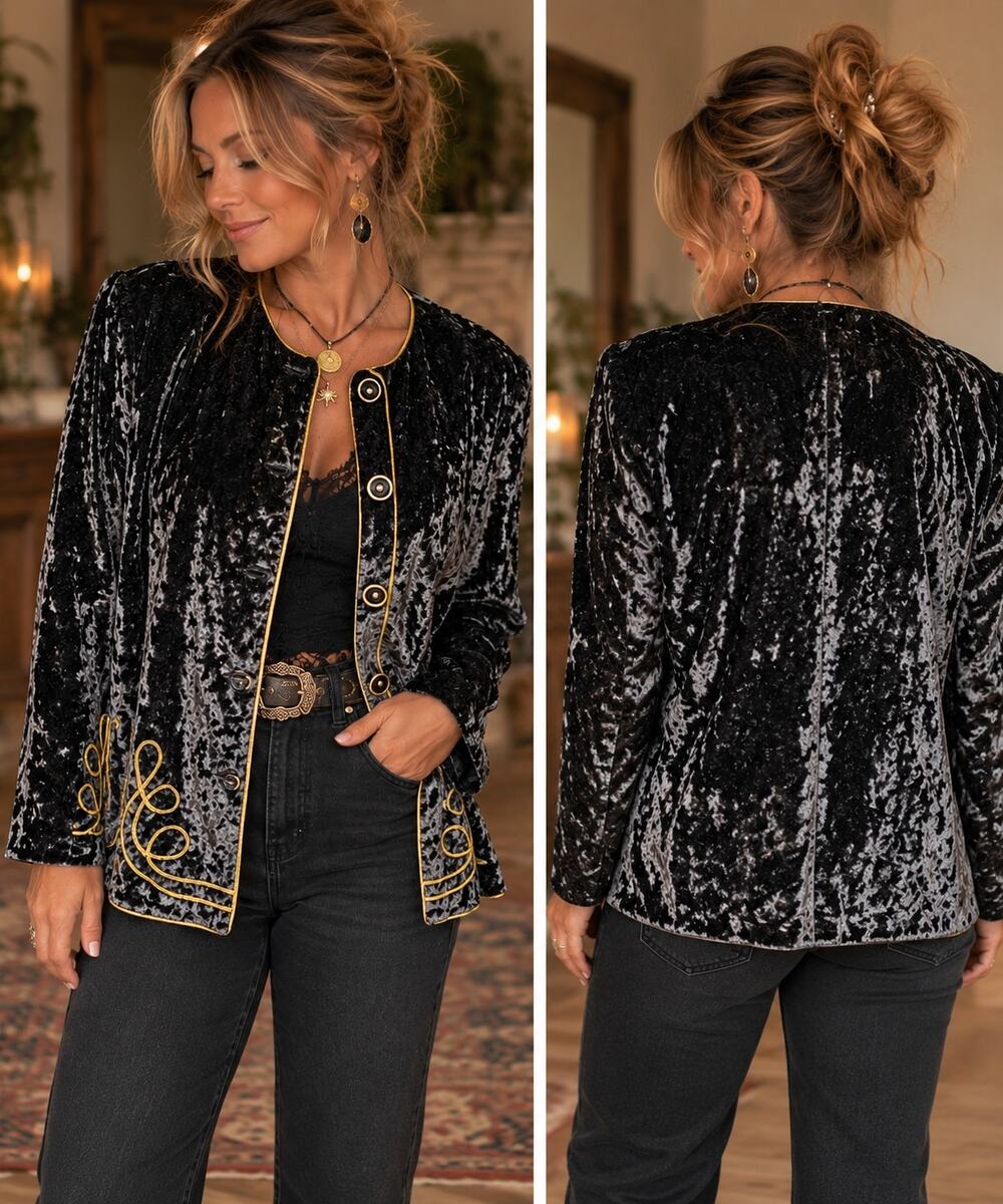 Vtg Velvet Gold Embroidered Regency Statement Jacket Size 18W Whimsigoth Witchy